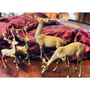 TWO LARGE Solid Brass spotted Deer Figurines and TWO Fawn candle holders